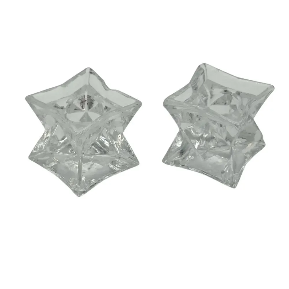 Vintage Clear Glass Star Taper Candle Holders Pair Pressed Faceted Geometric
